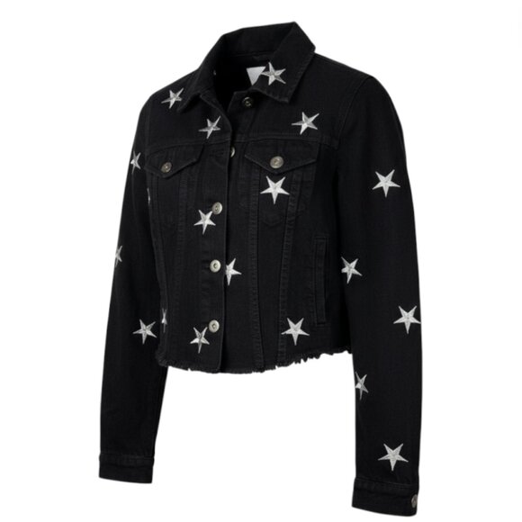 PISTOLA Star Embroidered Denim Jacket S Black Raw Hem Silver Stars Jean Jacket - Picture 1 of 8